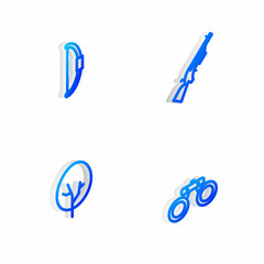 Set Isometric line Shotgun, Bow, Tree and Binoculars icon. Vector