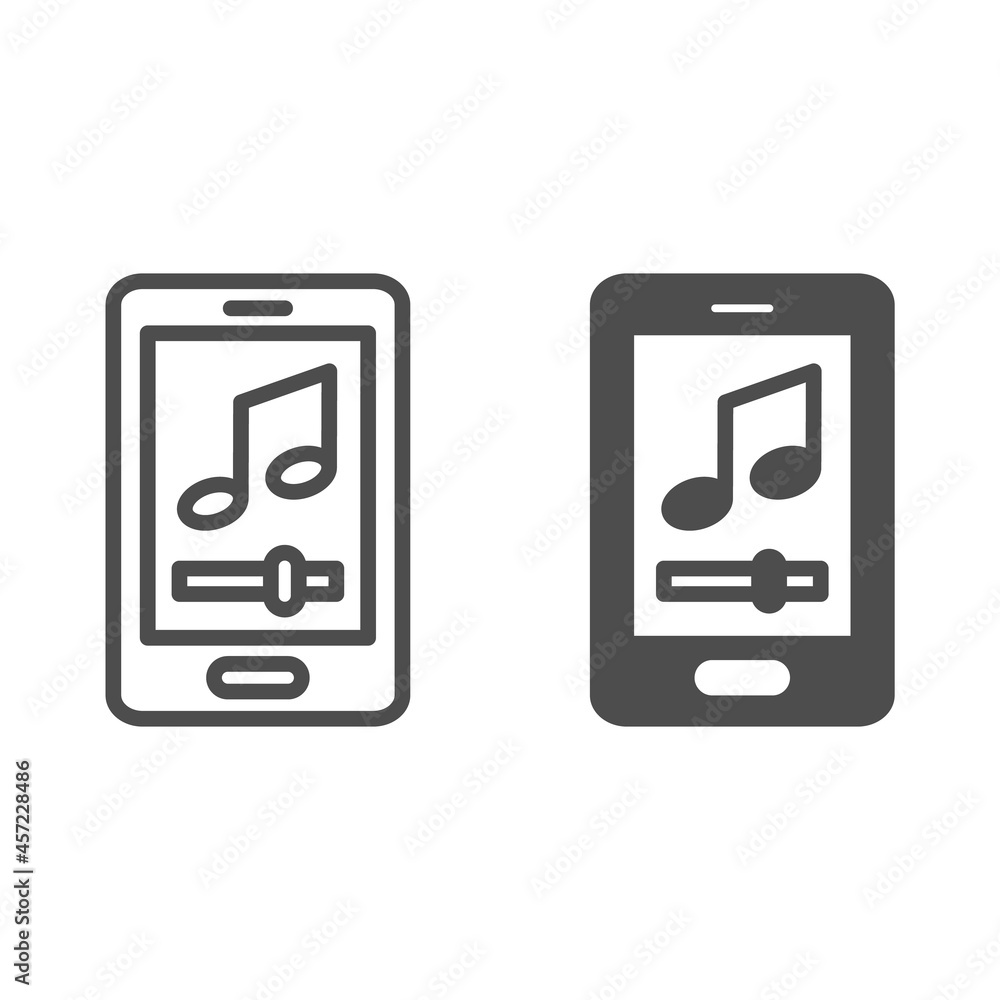 Poster smartphone screen with note, mobile app, music player line and solid icon, music concept, tune vecto