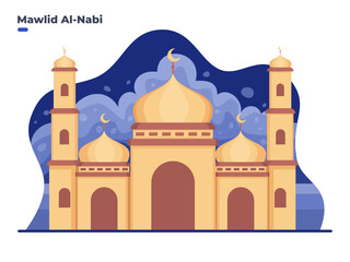 Mawlid Al Nabi Muhammad birthday celebration illustration with mosque building. Prophet Muhammad's birthday. Can be used for Greeting card, invitation, poster, banner, web.