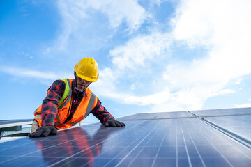 Engineer or electrician working on replacement solar panel at solar power plant,Concept solar power...