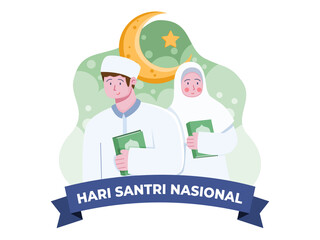 Illustration of Indonesia santri national day with Muslim person bring Al-Quran. Selamat hari santri nassional. can be used for banner, greeting card, poster, postcard, invitation, web, social media.