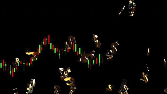 gold dollar sign particle with stock chart loop animation