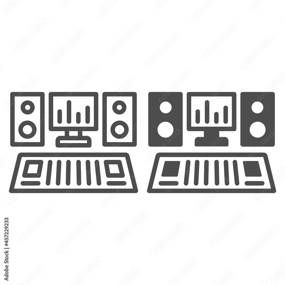 Poster recording studio console with monitor and speakers line and solid icon, music concept, sound vector 