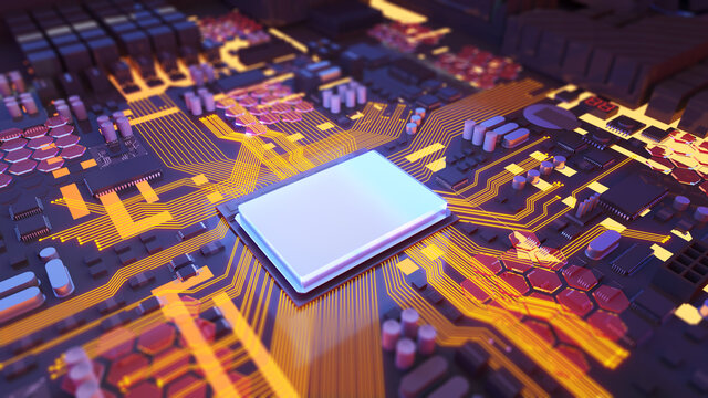 Image of the central processing unit,working processing technology,computer technology in the workplace,Conceptual CPU on circuit board,3d rendering