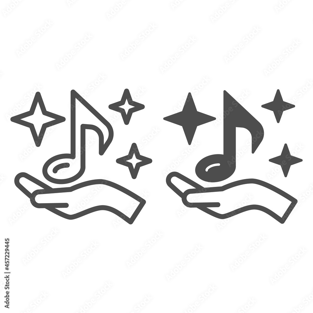 Poster musical note on palm with shiny stars line and solid icon, music concept, eighth note in hand vector