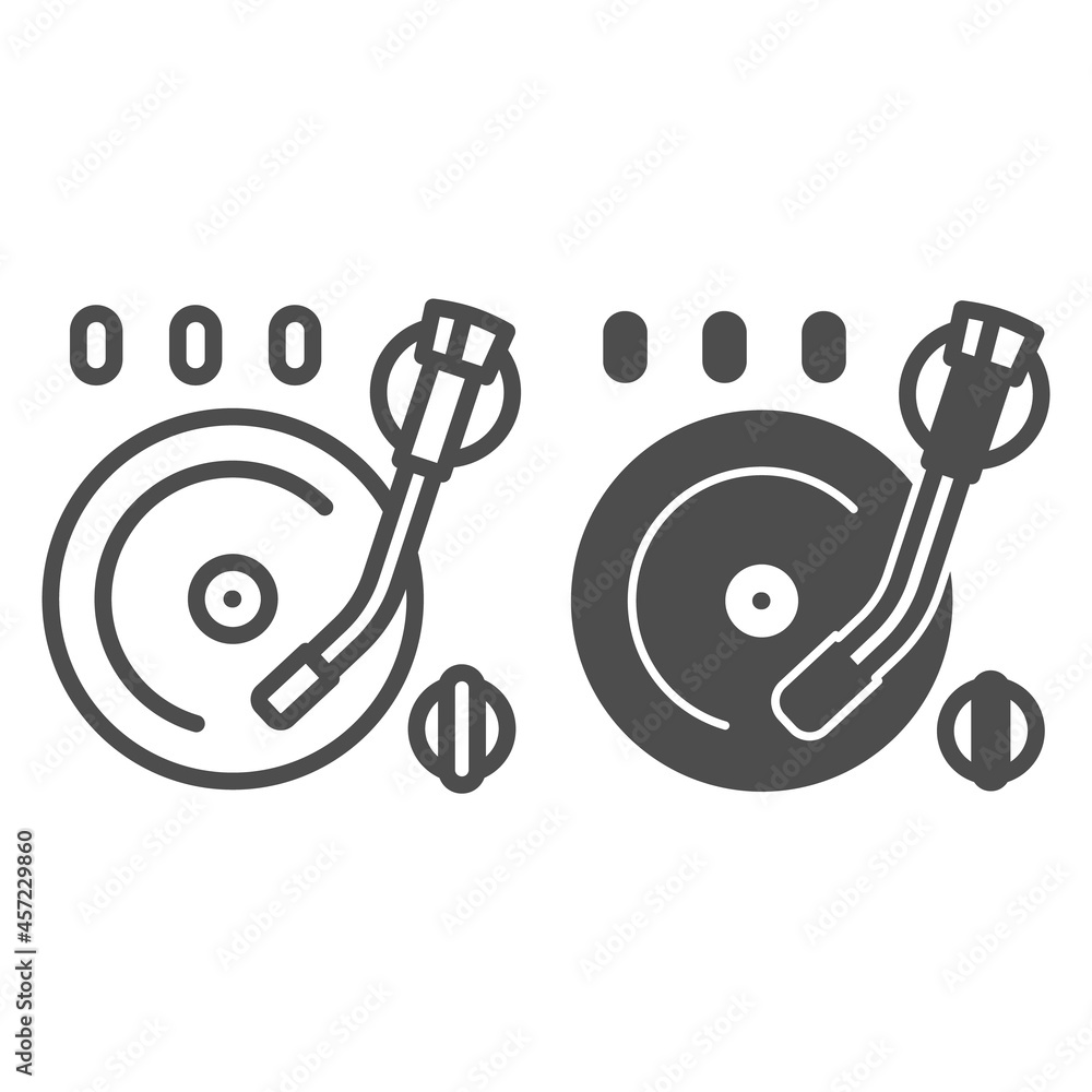 Poster vinyl plate on record player line and solid icon, sound design concept, record on turntable vector s