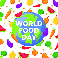 16 October, World Food Day banner or poster design with illustration, fruits, world map background
