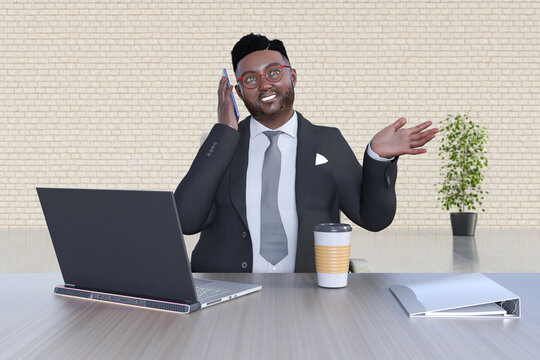 太った髭の黒人男性がノートパソコンを広げ携帯電話で会話するビジネスシーン