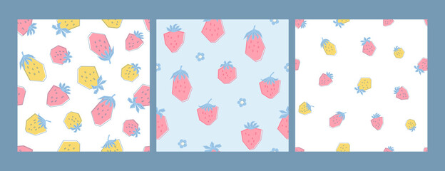 Fototapeta na wymiar Set patterns with fresh yellow and pink strawberries in pastel colors. Background with summer berries. Illustration in flat style for kids clothing, textiles, wallpaper. Vector