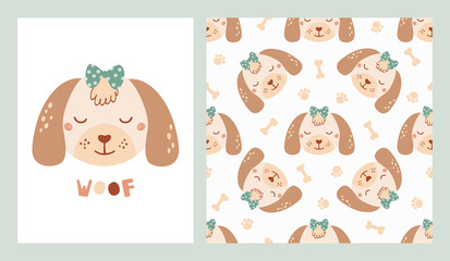 Set cute poster and seamless pattern with dog face and poster with lettering Woof. Collection with animal of flat style for children clothing, textiles, wallpapers. Vector Illustration