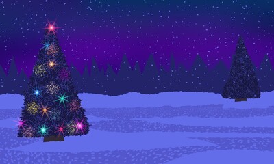 Decorated Christmas trees on a winter background with distant forest.