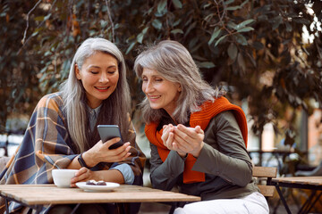 Asian lady shows photos on mobile phone to silver haired friend with cup of tea sitting at small...