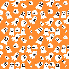 Fototapeta premium Halloween ghost background seamless pattern in orange color, to be used as a greeting card or wallpaper,fabric,textile,wrapping, vector illustration..