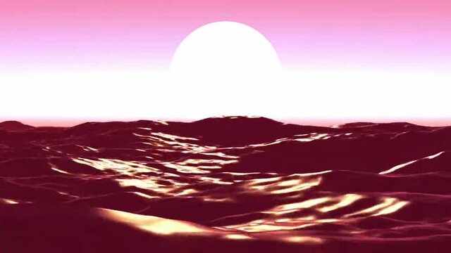 Animated Lucid Ocean Sunrise Scenery Pink.An abstract motion background featuring red tinted waves and a very large sun setting.Water, ocean, river, lake.