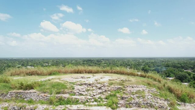 Aerial shot of approach to the Kinich Kakmo pyramid