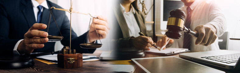 Business and lawyers discussing contract papers with brass scale on desk in office. Law, legal...
