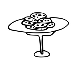 Vector image of a dish with chocolate cookies . The silhouette is a black outline. Design of posters, postcards, stickers, logos.