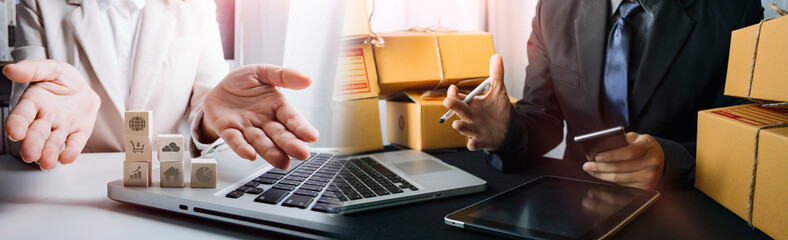 Business woman start up small business entrepreneur SME success .freelance woman working at home with Online Parcel delivery. SME and packaging deliveryconcept