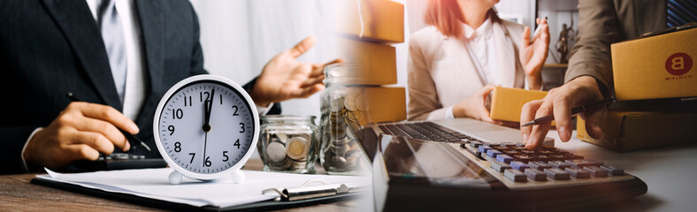 Business woman start up small business entrepreneur SME success .freelance woman working at home with Online Parcel delivery. SME and packaging deliveryconcept