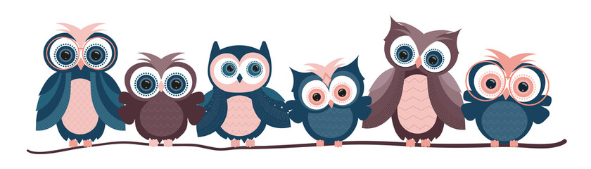 Vector illustration of cute owls sitting on a tree in flat style. Poster, banner, label, or sticker template. EPS10