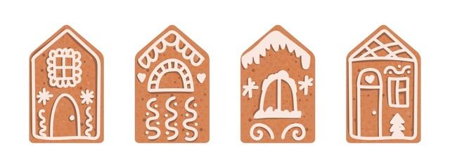 A set of gingerbread cookies. Vector illustration. Gingerbread houses decorated with icing. A festive Christmas treat. Dessert for the new year.
