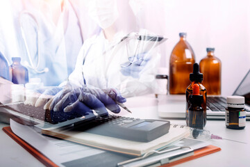 medical technology or medical network. doctor using digital tablet with screen interface.