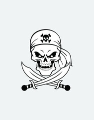 Pirate skull  with bandana and two crossed sabers, vector illustration