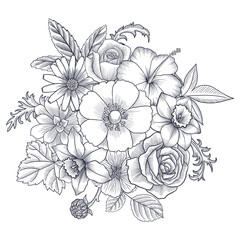 vector drawing vintage composition with flowers, hand drawn illustration