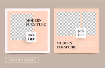 Social media post square template. Furniture interior. Delicious food.