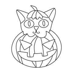 Cute cat in Halloween pumpkin coloring page vector. Cartoon hand-drawn little cat and scary carved pumpkin isolated on white