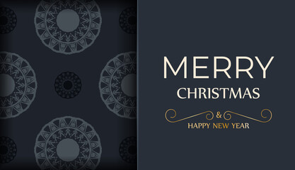 Postcard template Merry Christmas and Happy New Year in dark blue color with winter blue ornament