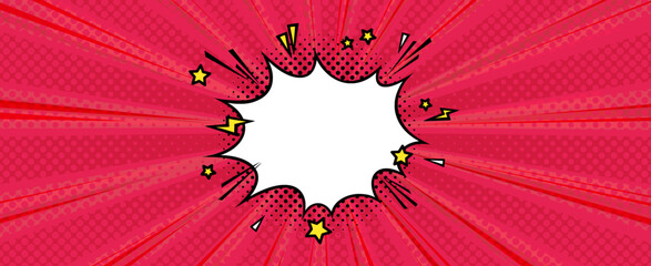Surprising boom cloud with stars and lightnings in halftone background for sales and promotions. Banner template for surprises and bursting events. Vector illustration in pop art style