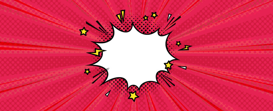 Fototapeta Surprising boom cloud with stars and lightnings in halftone background for sales and promotions. Banner template for surprises and bursting events. Vector illustration in pop art style