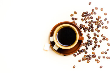 Coffee old Scandinavian style cup and saucer with grains and sugar cubes. Light background. Close-up.