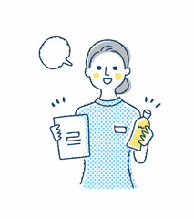 商品と書類を持っている女性とフキダシ