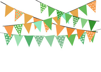 Greeting or Birthday party invitation with carnival,bunting flag garlands. Part decorating concept with colorful hanging above. Happy birthday.  with copy space for your text.