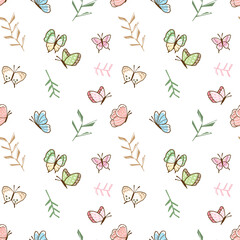Obraz premium Seamless Pattern with Hand Drawn Butterfly and Leaf Design on White Background