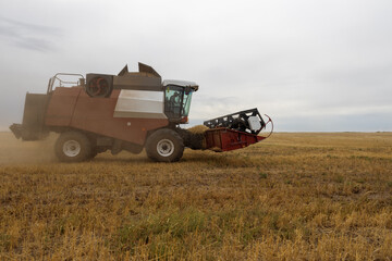 Combine harvester works on a wheat field.