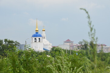 A church with bushes and theater