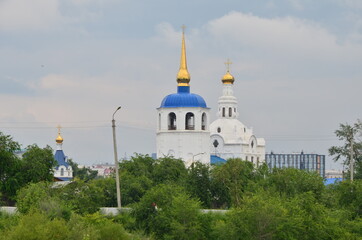 A church with bushes and column