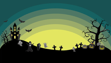 Halloween message card illustration with silhouettes of jack-o-lanterns, ghosts, castles, tombs and trees.