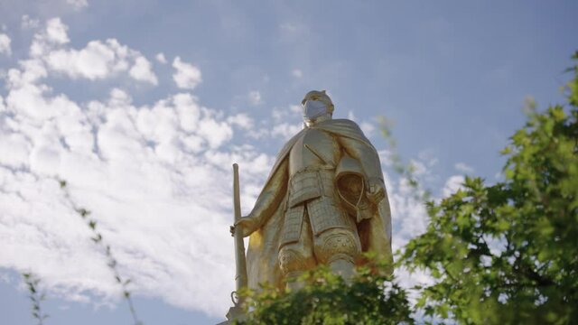 Oda Nobunaga standing over Gifu holding rifle, Historic Feudal Lord, Japan
