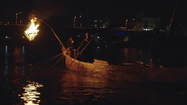 Cormorant Fishing Boat travels up Nagara River, Fire Brazier Lighting Night