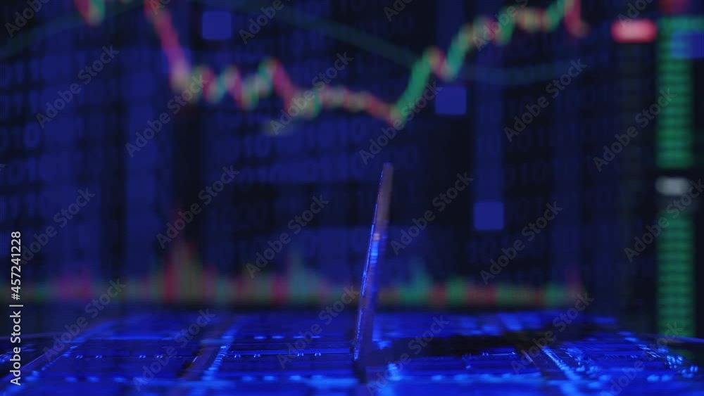 Poster a bitcoin btc crypto currency coin rotating on a mining rig of computer chips with exchange charts i