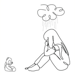 A linear drawing of a woman in a depressed state. Chaos of thoughts. Anxiety disorder. The concept of psychology