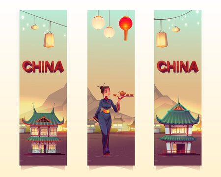 China and Chinese culture vertical banners or bookmarks. Asian woman in traditional kimono carry tray with pot and cups for tea ceremony, authentic buildings and mountain landscape, Cartoon vector set