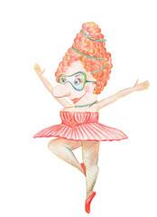 Cartoon woman ballerina stands on one leg
