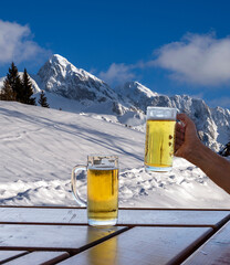 beer for two - hand held mug - winter mountain