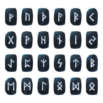 Set of onyx game runes, nordic ancient alphabet, viking celtic futark symbols engraved on black stone pieces. Esoteric occult signs, mystic ui or gui elements, isolated cartoon vector illustration