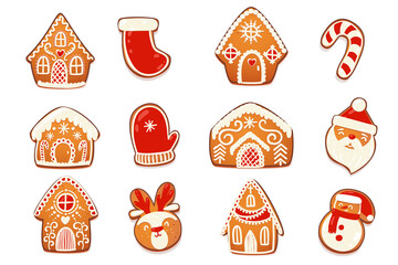 Gingerbread Houses and Cookies Set. Cute Christmas Traditional Characters with white icing decoration. Vector illustration.